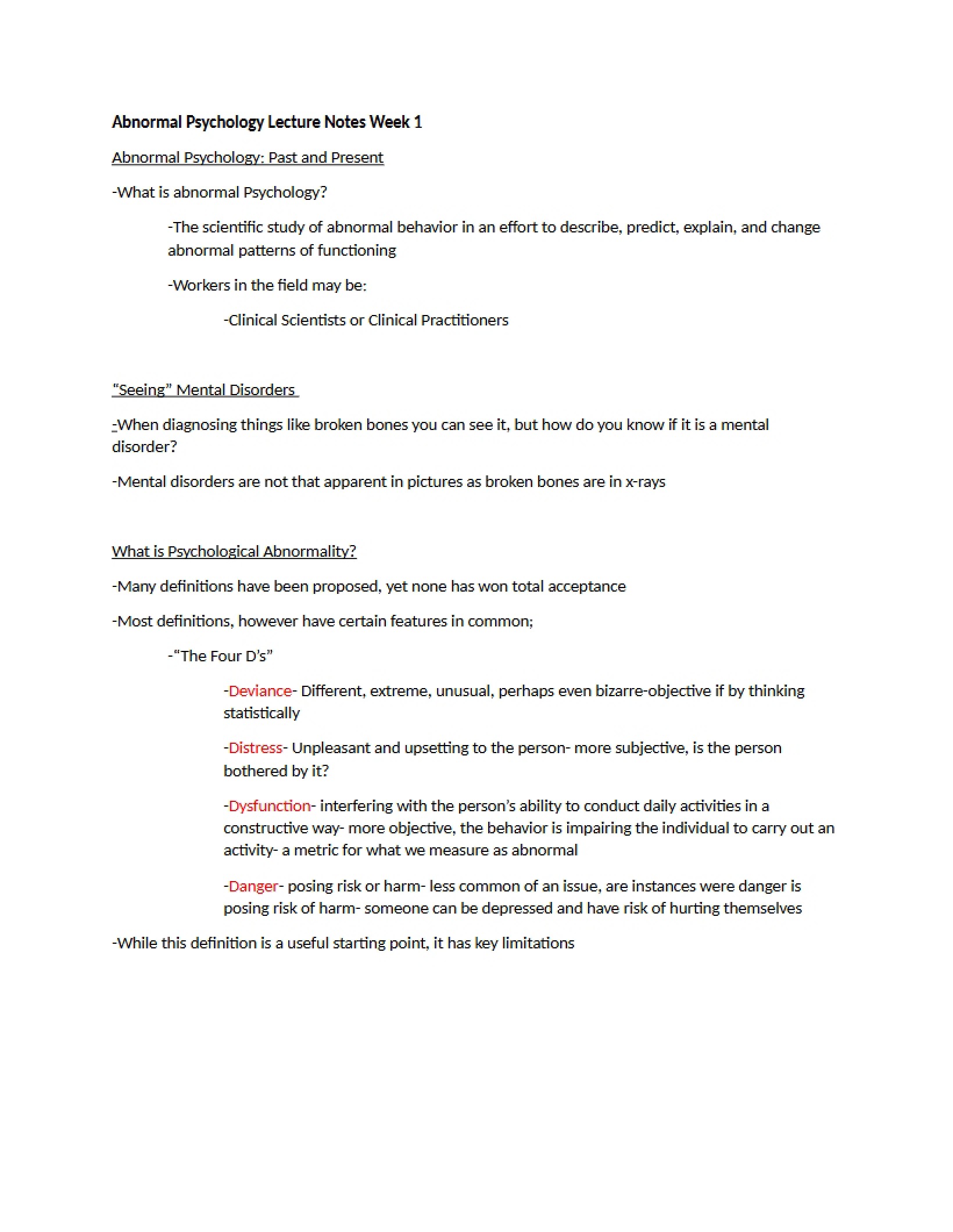 Week 1 Lecture Notes Abnormal Psychology