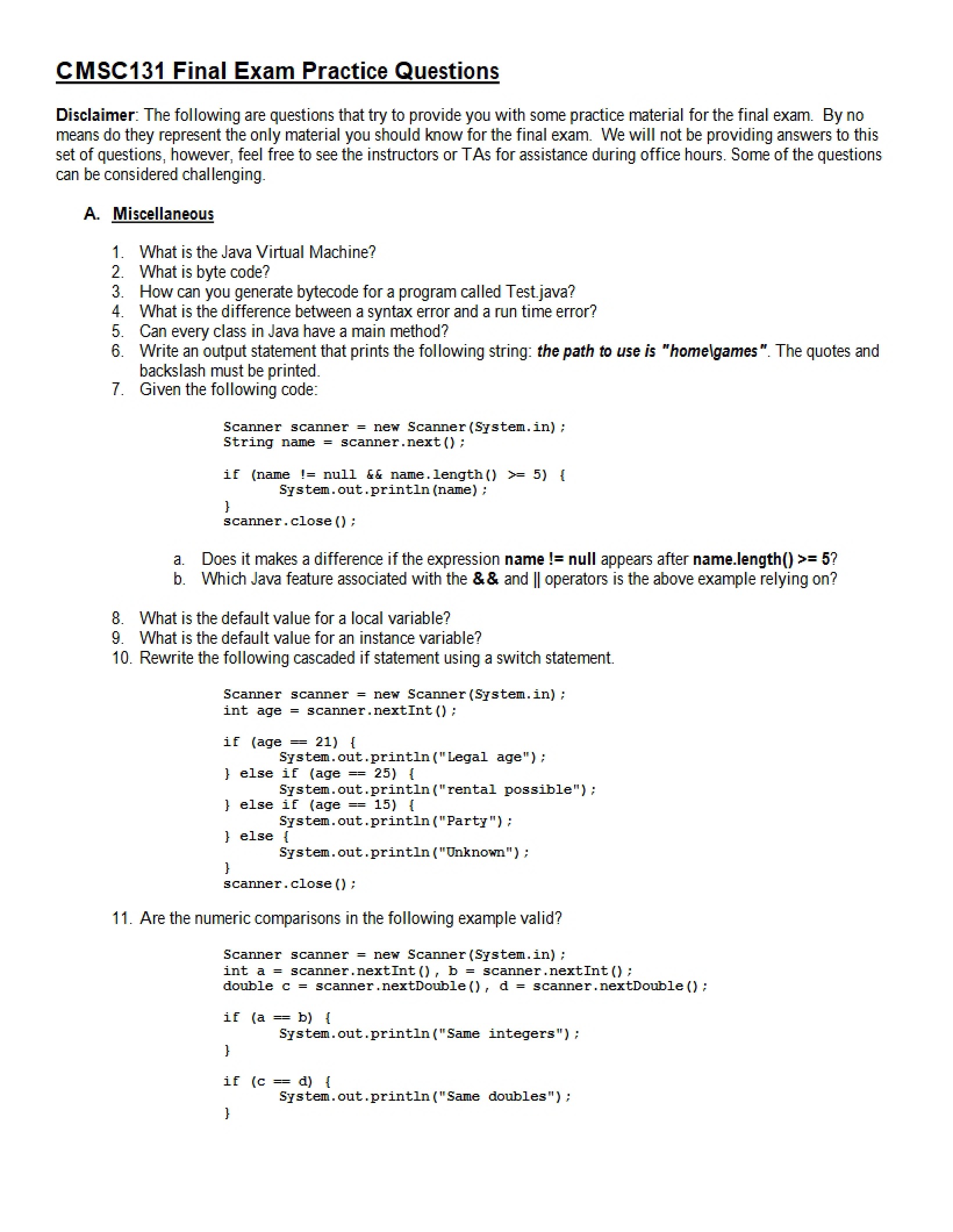 Final Exam Practice Set