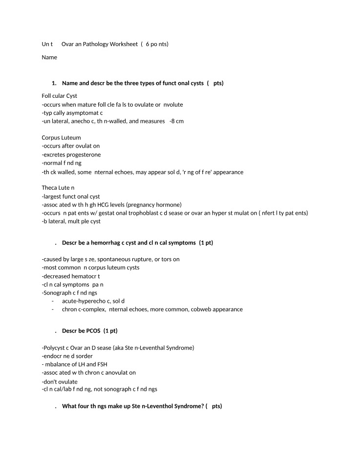 Worksheet on Ovarian Pathology