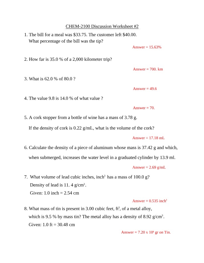 Chemistry Exercises - Mass, Volume, and Percentages