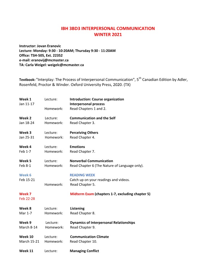 Interpersonal Communication for IBH 3BD3 (Winter 2021)