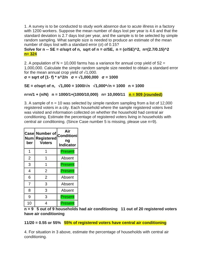 Sample Size Calculation Exercises - Estimating Absenteeism Due to Illness