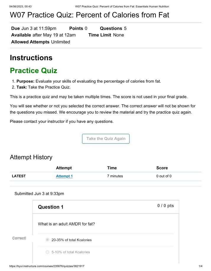Week 7 Practice Quiz - Percent of Calories from Fat