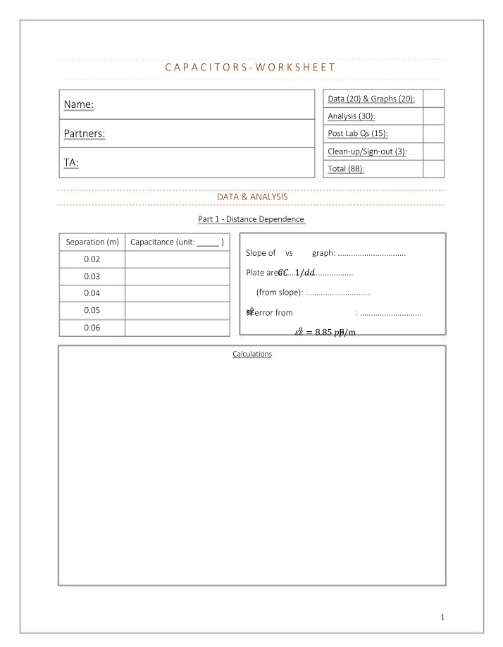 Worksheet on Capacitors