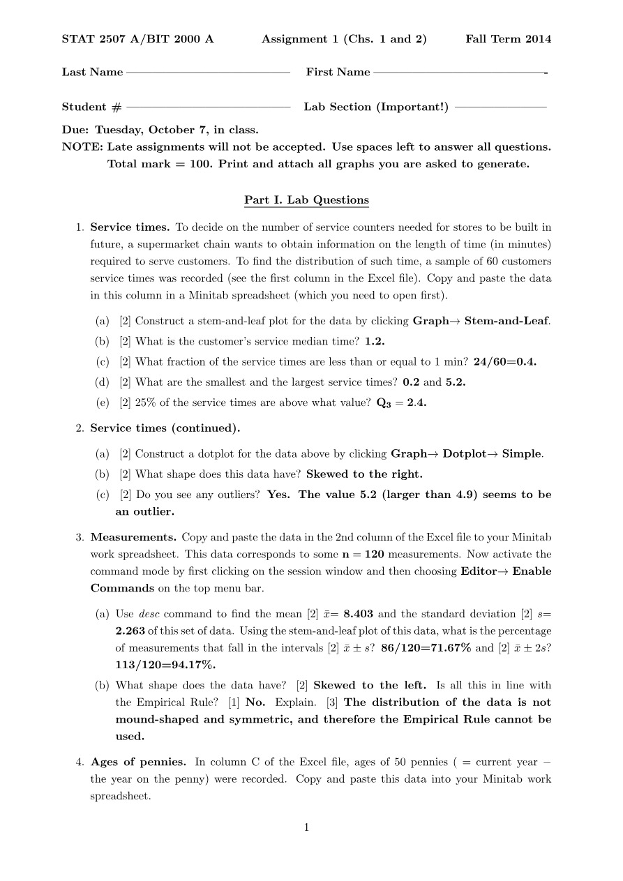 Assignment 1 for STAT 2507 A and BIT 2000 A (Fall 2014)