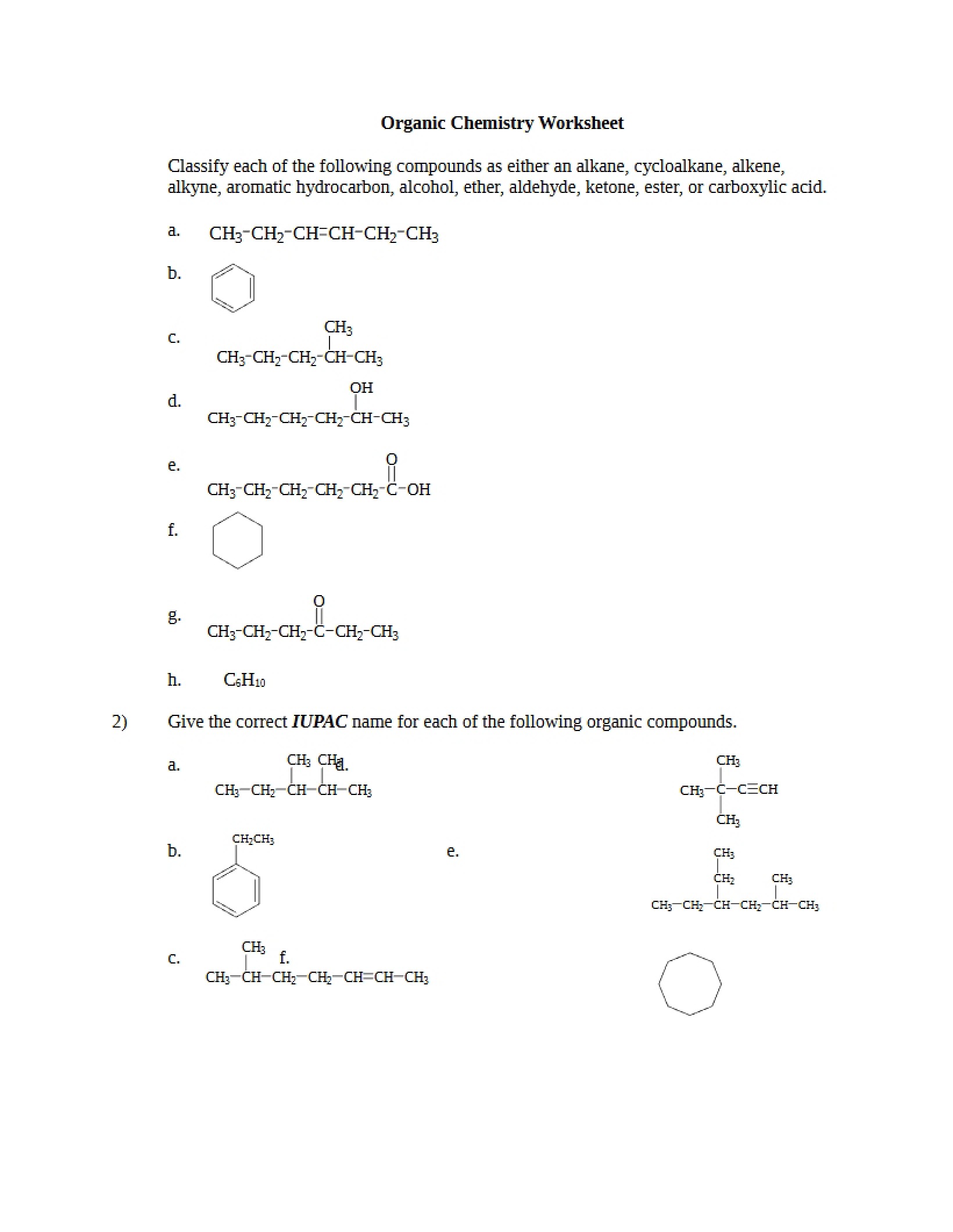 Worksheet on Organic Chemistry