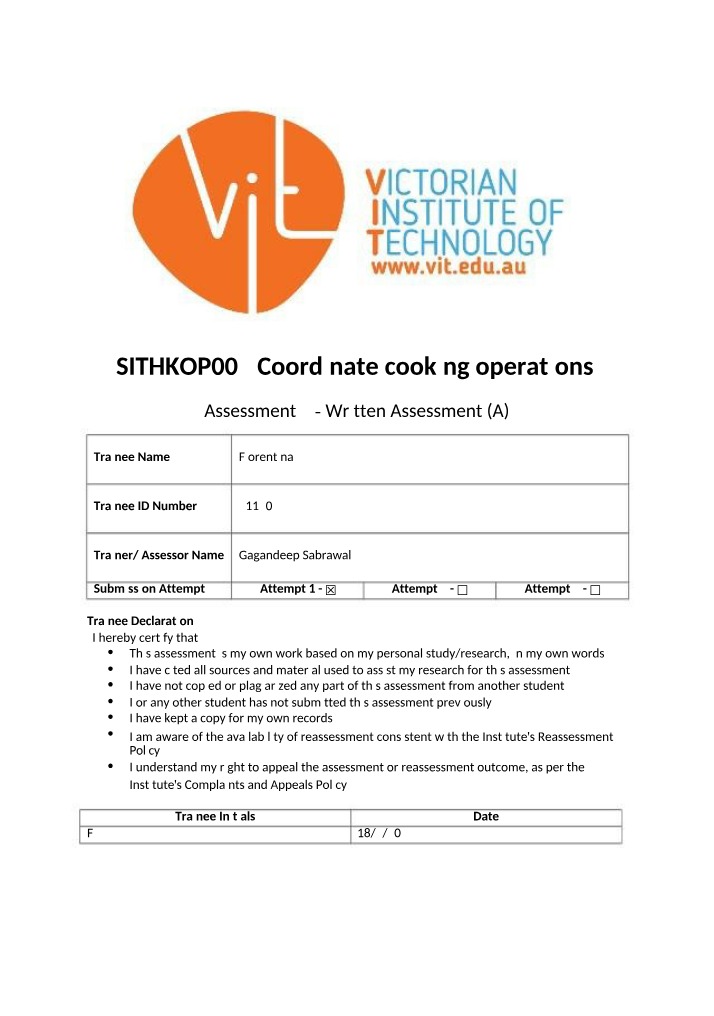 SITHKOP005 Written Assessment Part 2