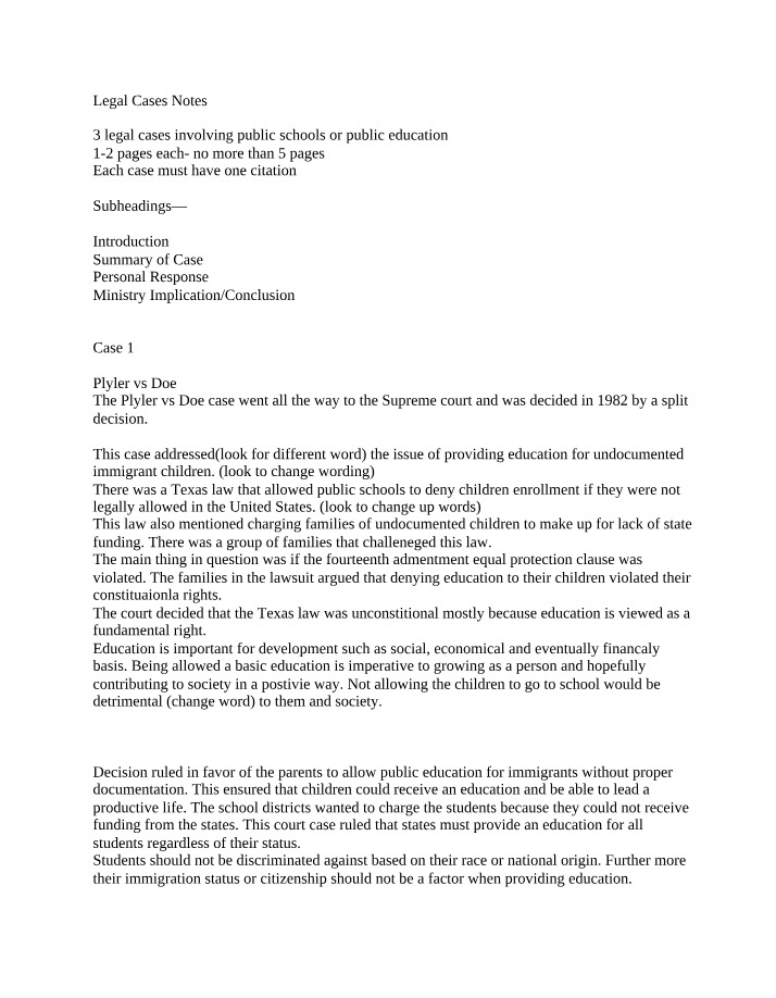 Legal Cases - Course Notes