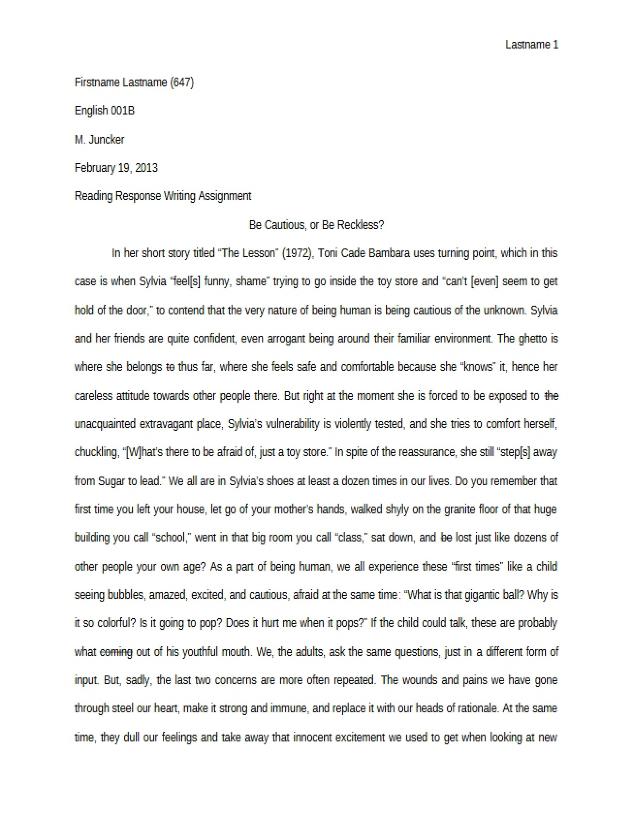 Writing Assignment Reading Response