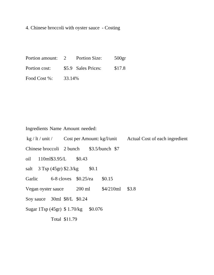 Chinese Broccoli with Oyster Sauce Recipe and Costing