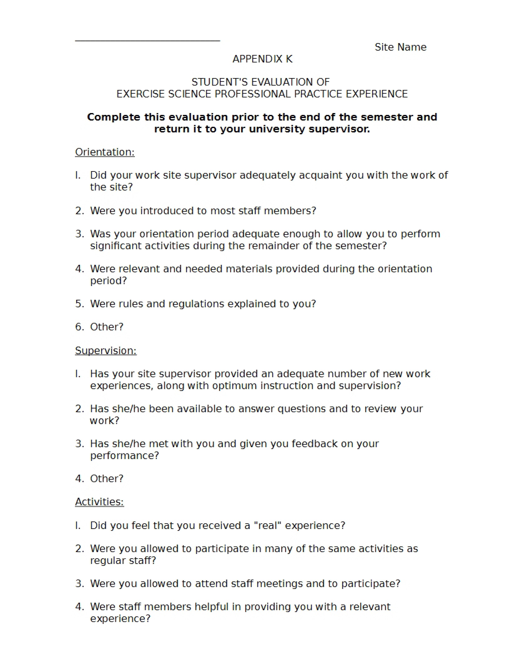 Evaluation of Professional Practice Experience in Exercise Science