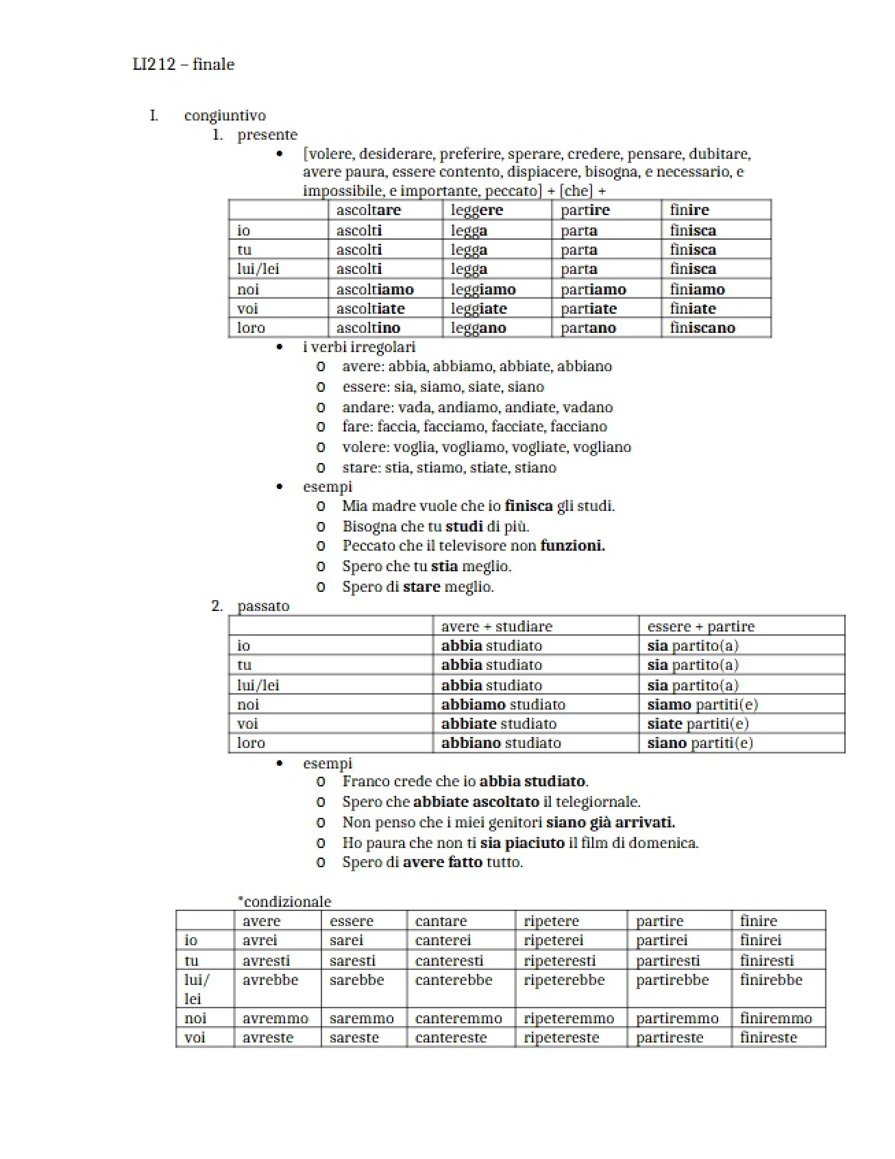 Notes for Fourth Semester Italian