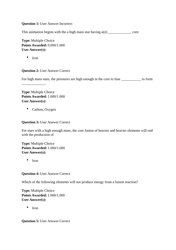 Quiz on High Mass Stars and Core Fusion