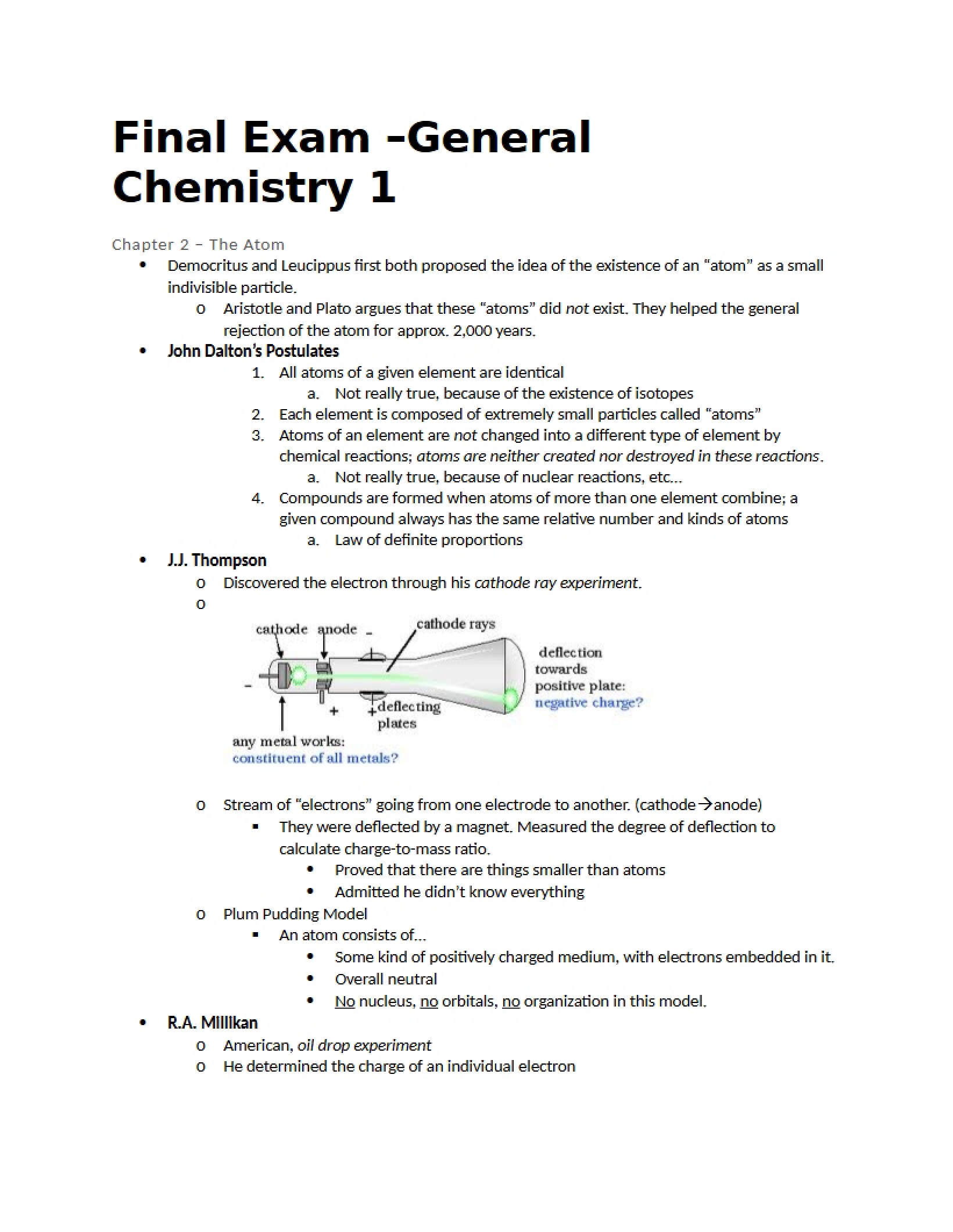 Chapters 2 through 11 Chemistry 1