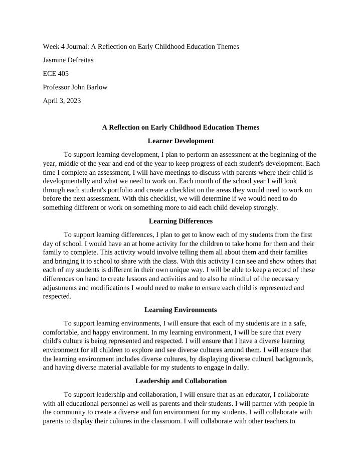 Reflection on Early Childhood Education Themes Final