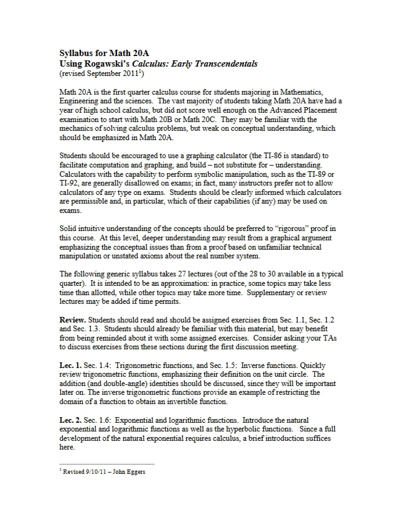 Calculus I Course Requirements and Schedule