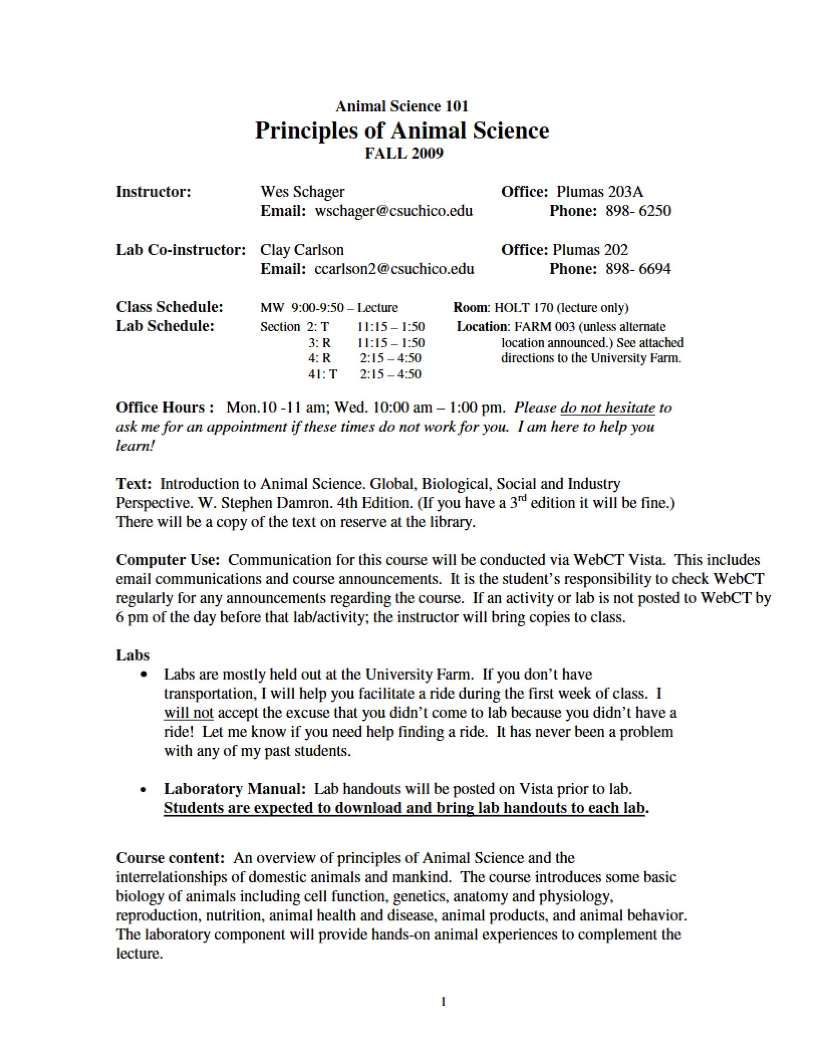 Introduction to Animal Science Syllabus