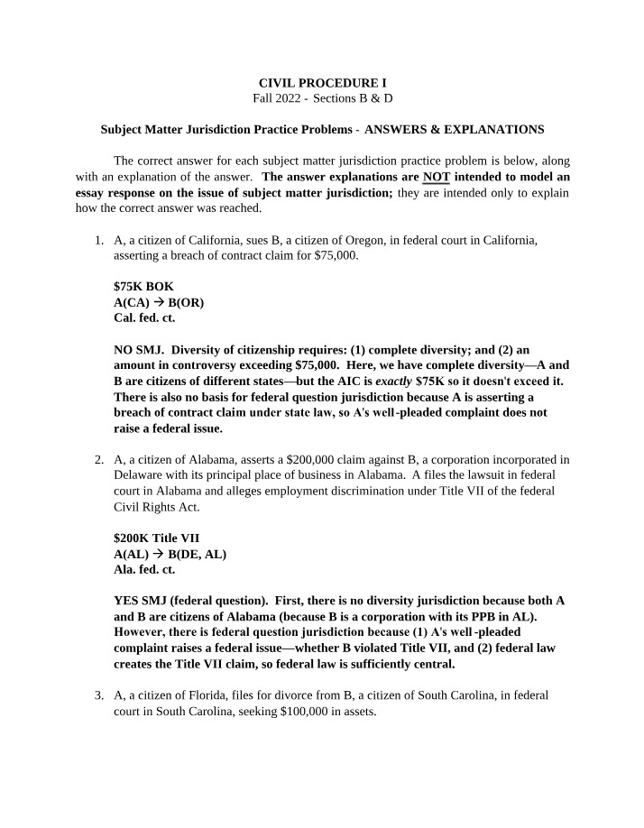 Answers and Explanations for Subject Matter Jurisdiction Practice Problems 1-5