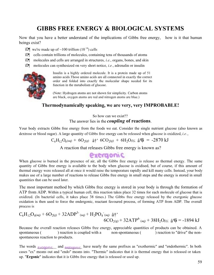 Gibbs Free Energy in Biological Systems and Cells
