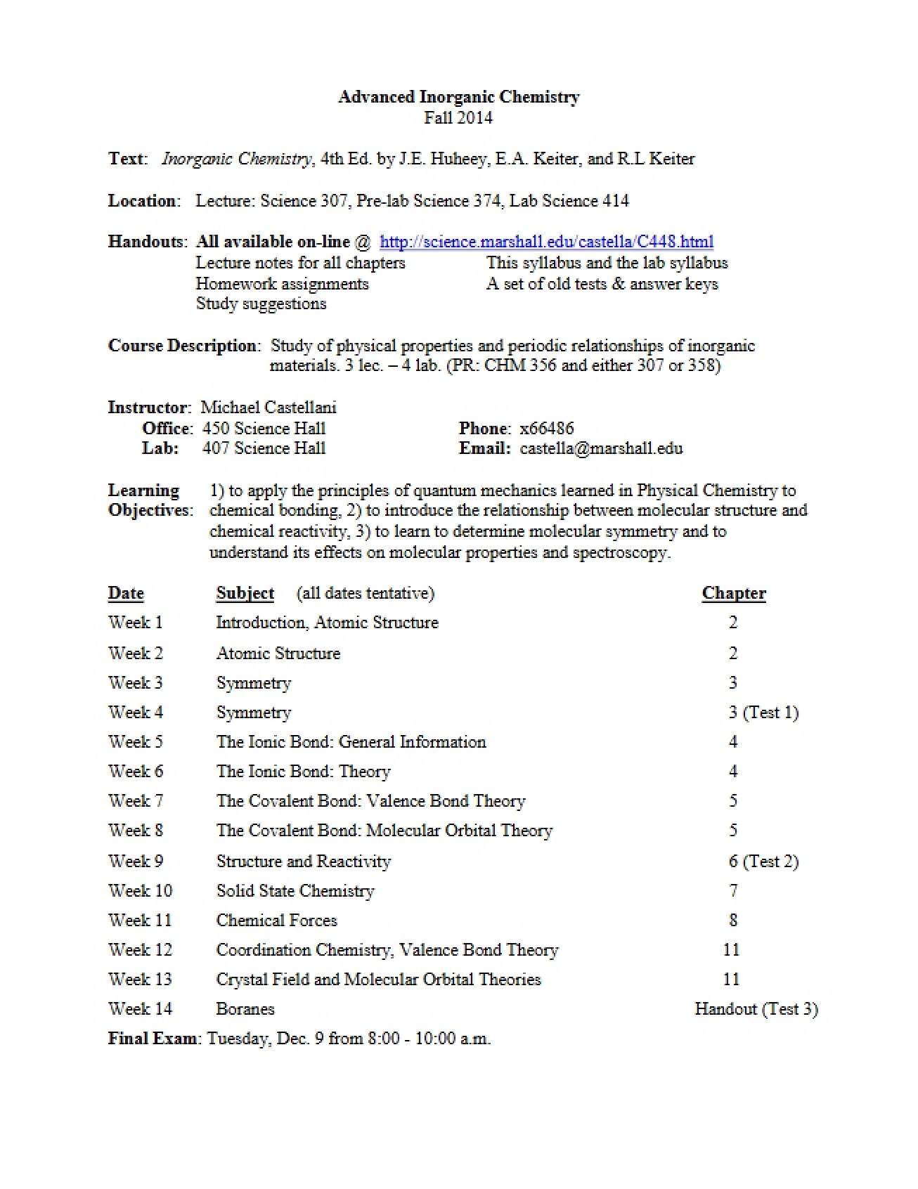 Syllabus for Adv Inorganic Chemistry