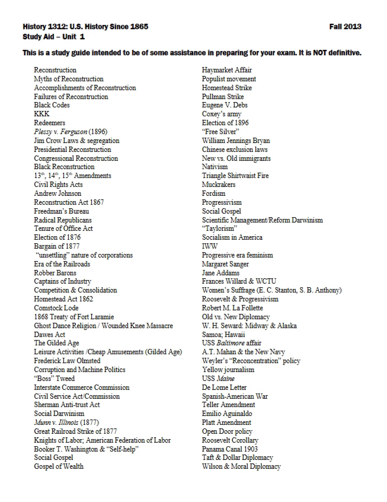 Fall 2013 Unit 1 Study Guide
