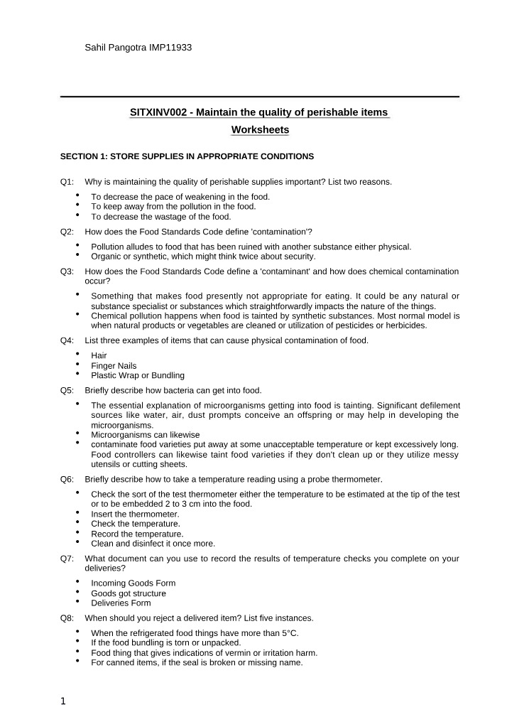 Perishable Items Quality Maintenance Worksheet
