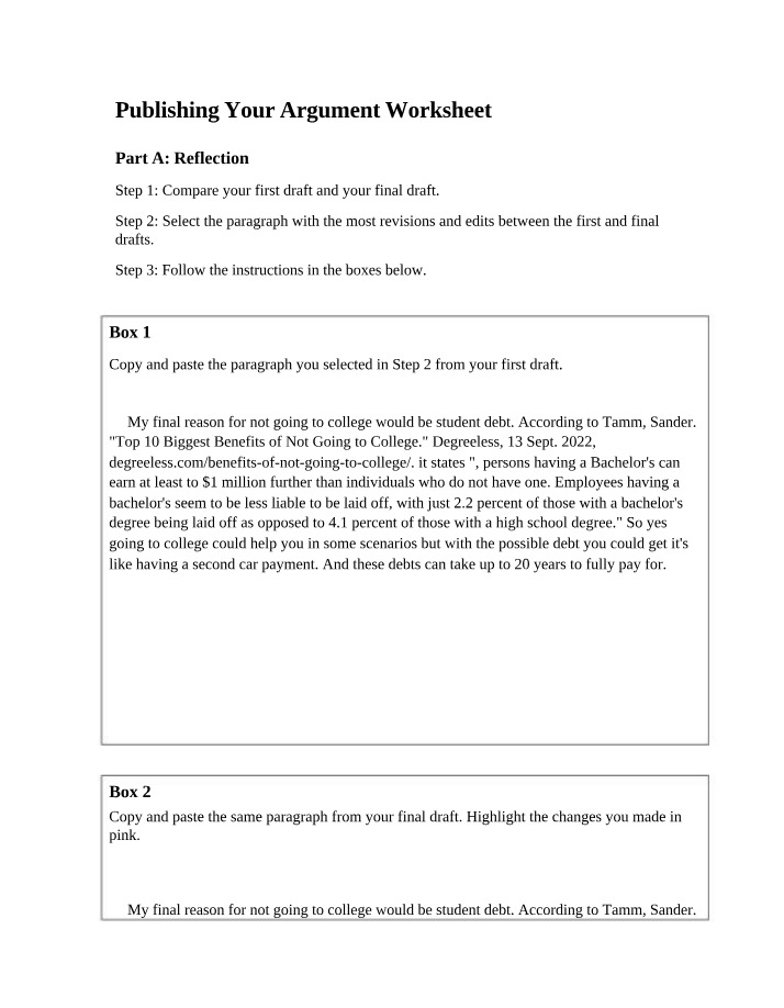 Worksheet for Publishing Your Argument