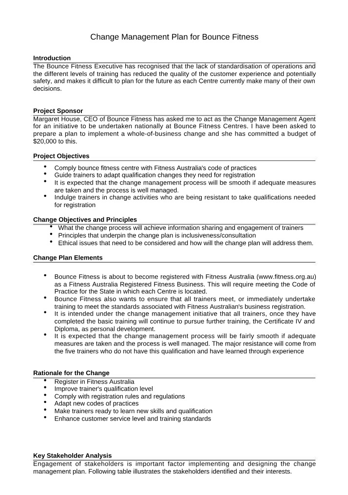 Bounce Fitness Change Management Plan