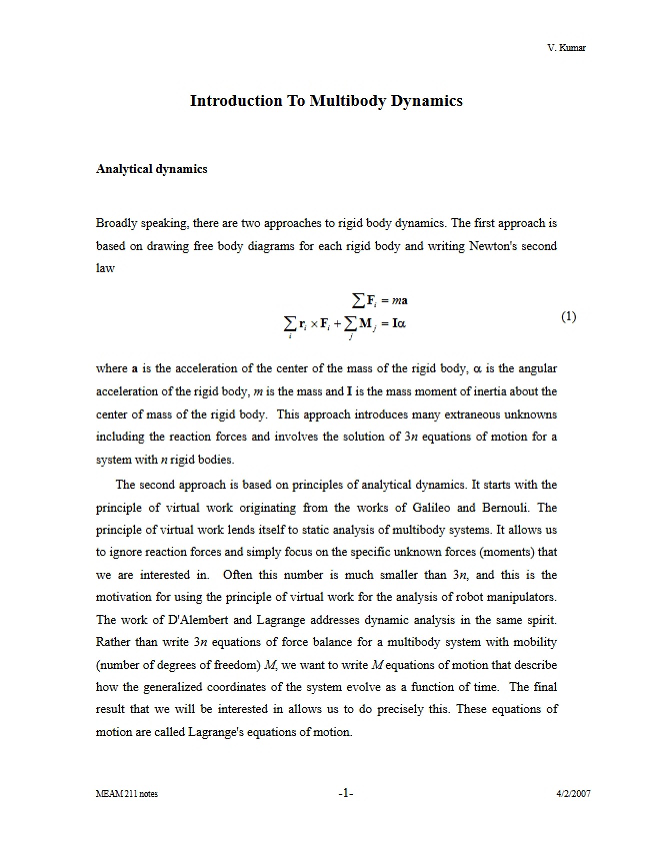 Introduction to Multibody Dynamics - MEAM 211