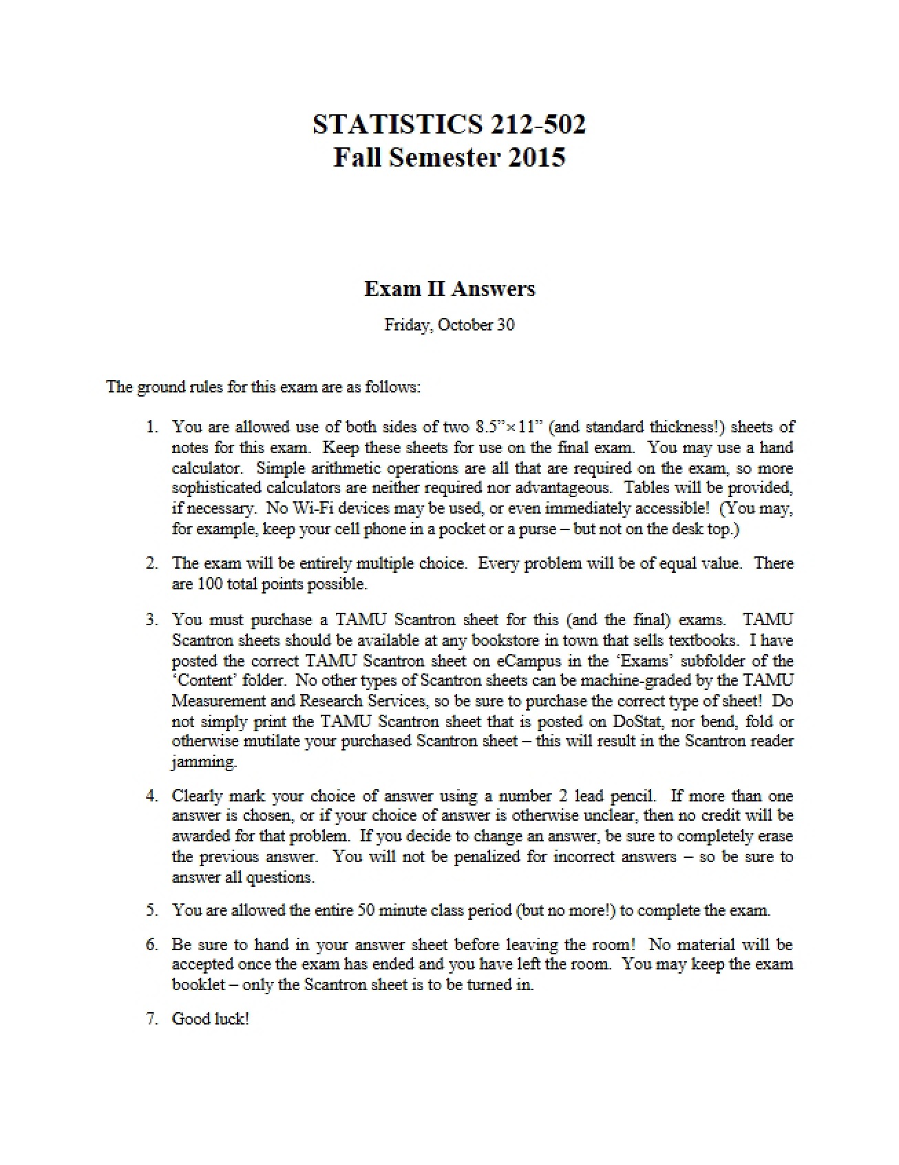 Stat 212-502 Exam II Answers (Fall Semester 2015)