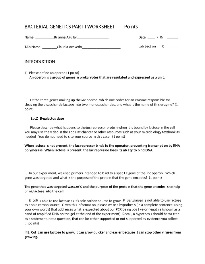 Worksheet - Bacterial Genetics Part I