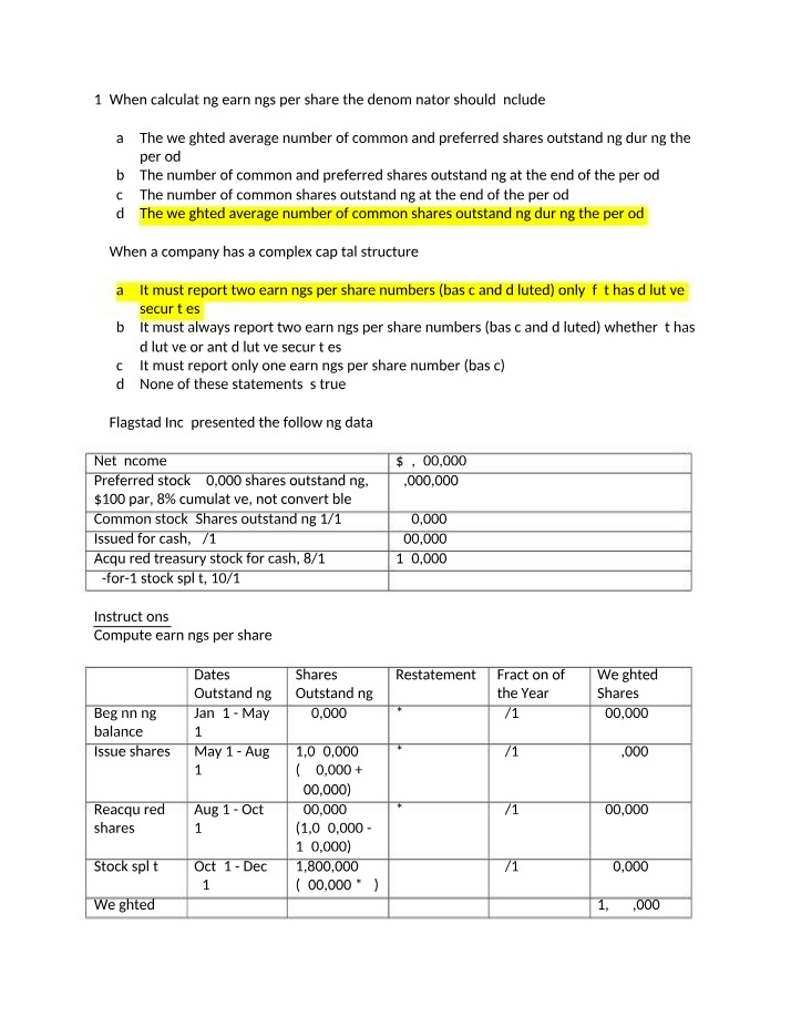 Earnings Per Share - Denominator and Complex Capital Calculations