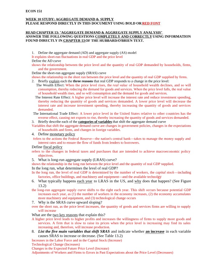 Aggregate Demand and Supply Analysis - Questions and Key Concepts