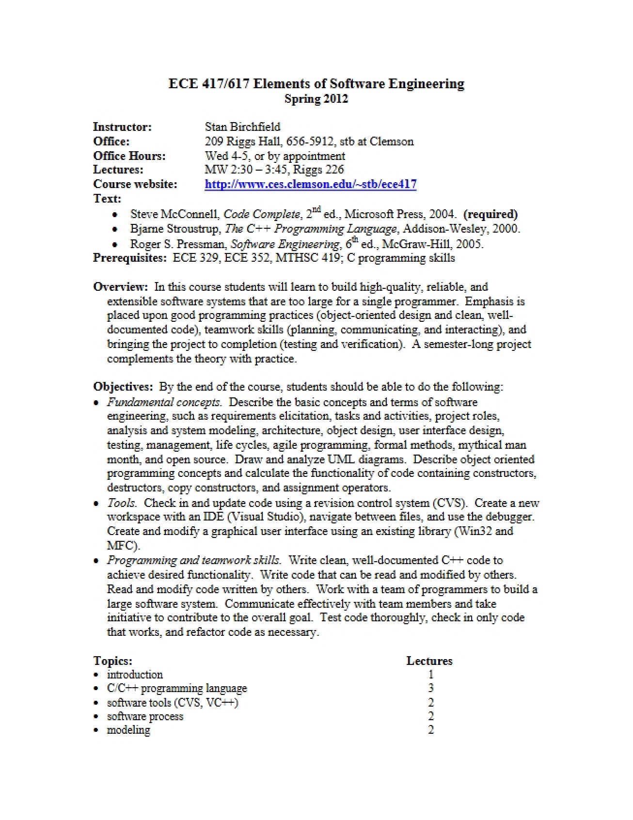 Elementary Software Engineering Syllabus