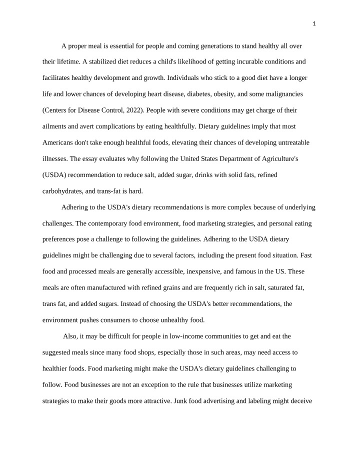 USDA Dietary Guidelines - Challenges and Impact