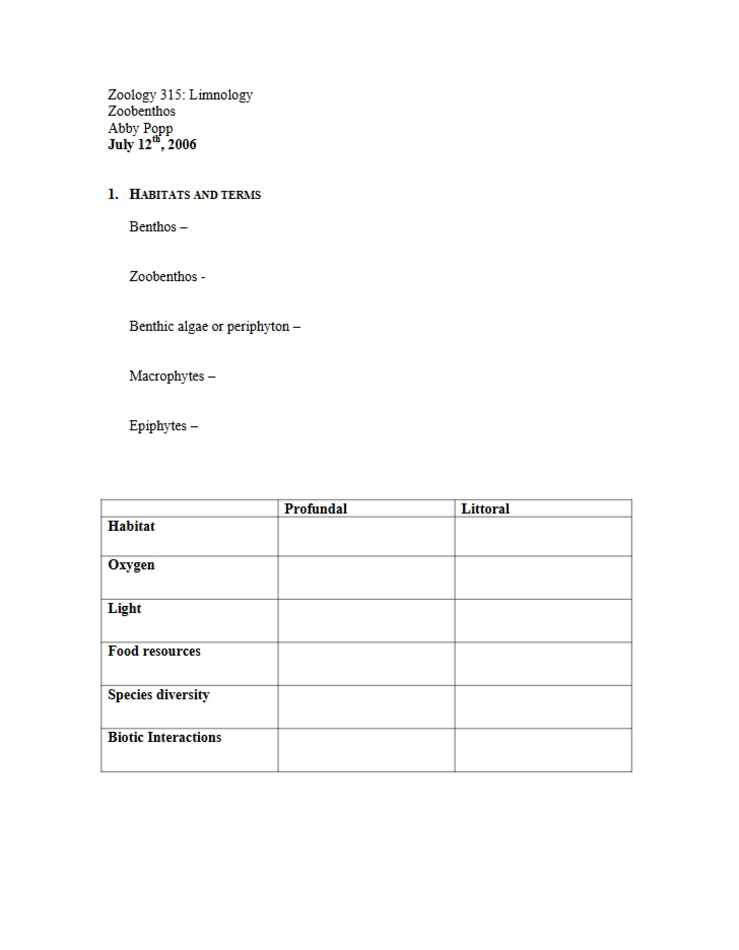 Study Notes for Zoology 315