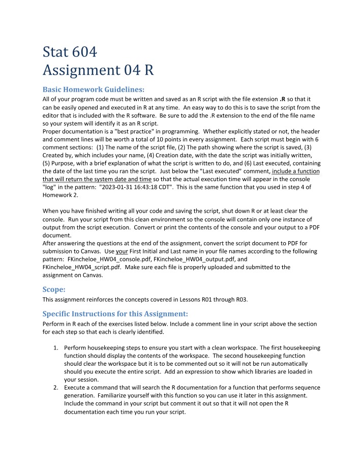 Writing and Executing R Scripts - Homework Guidelines