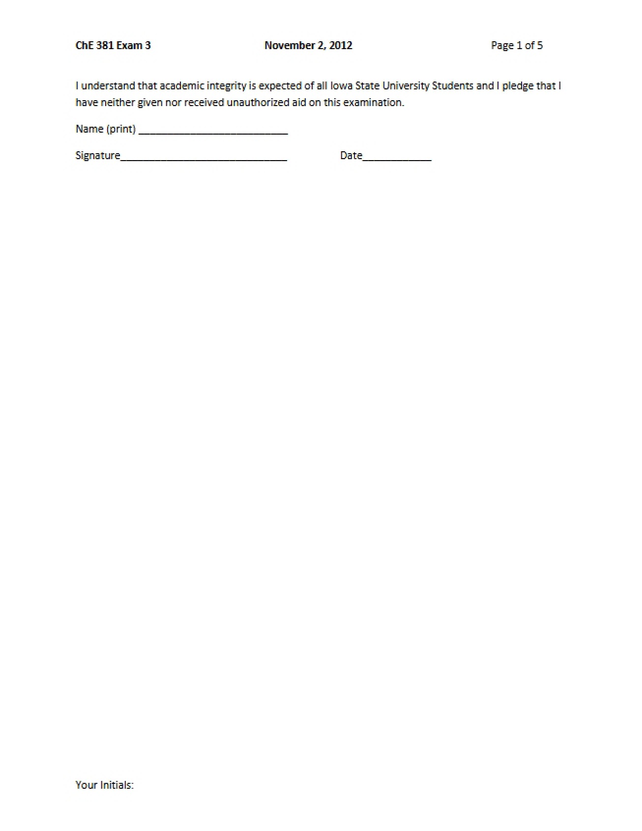 Third Exam from Fall 2012 in Chemical Engineering Thermodynamics