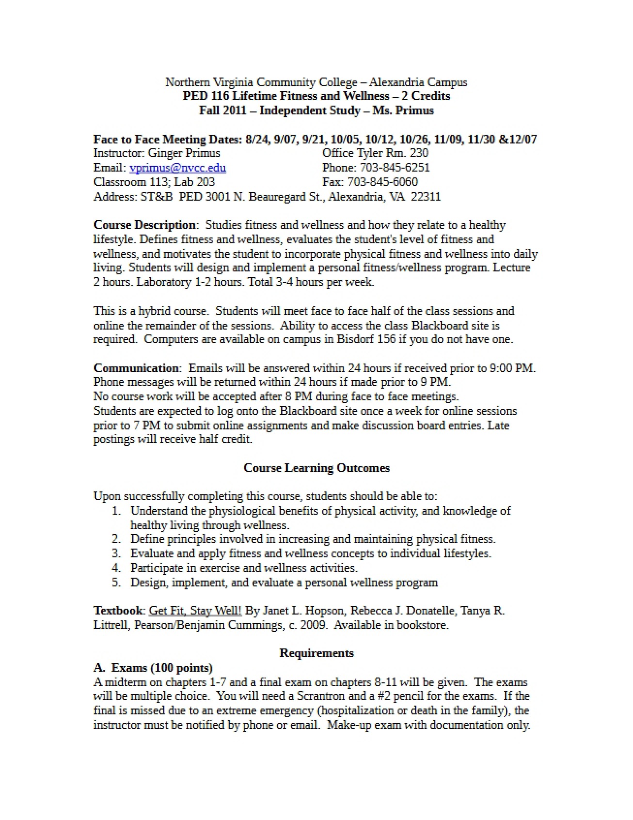 PED 116 Class Schedule