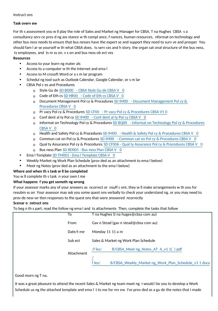 Weekly Marketing Work Plan Schedule - CBSA