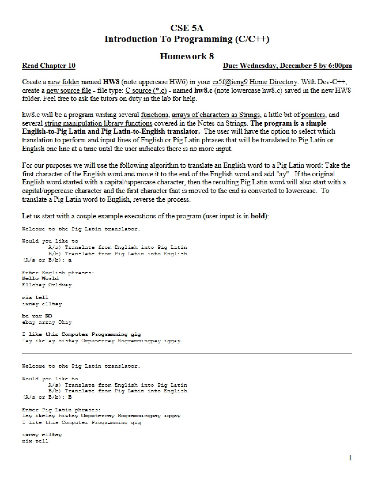 Programming 1 Homework Eight