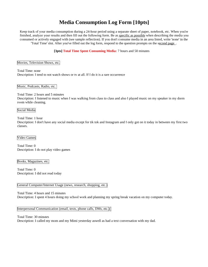 Media Consumption Log Form Reflection