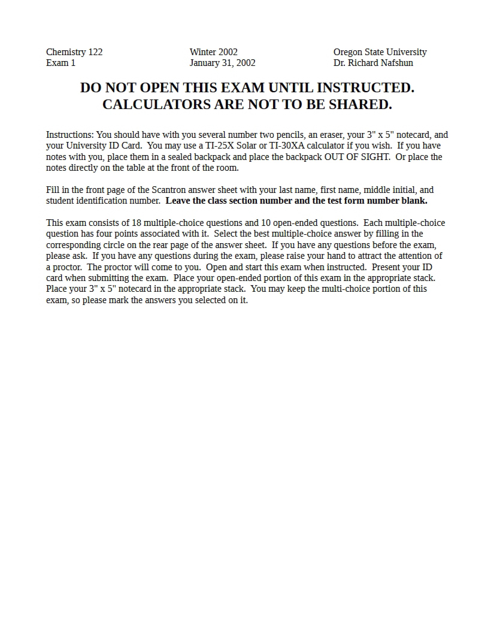 First Exam CH 122