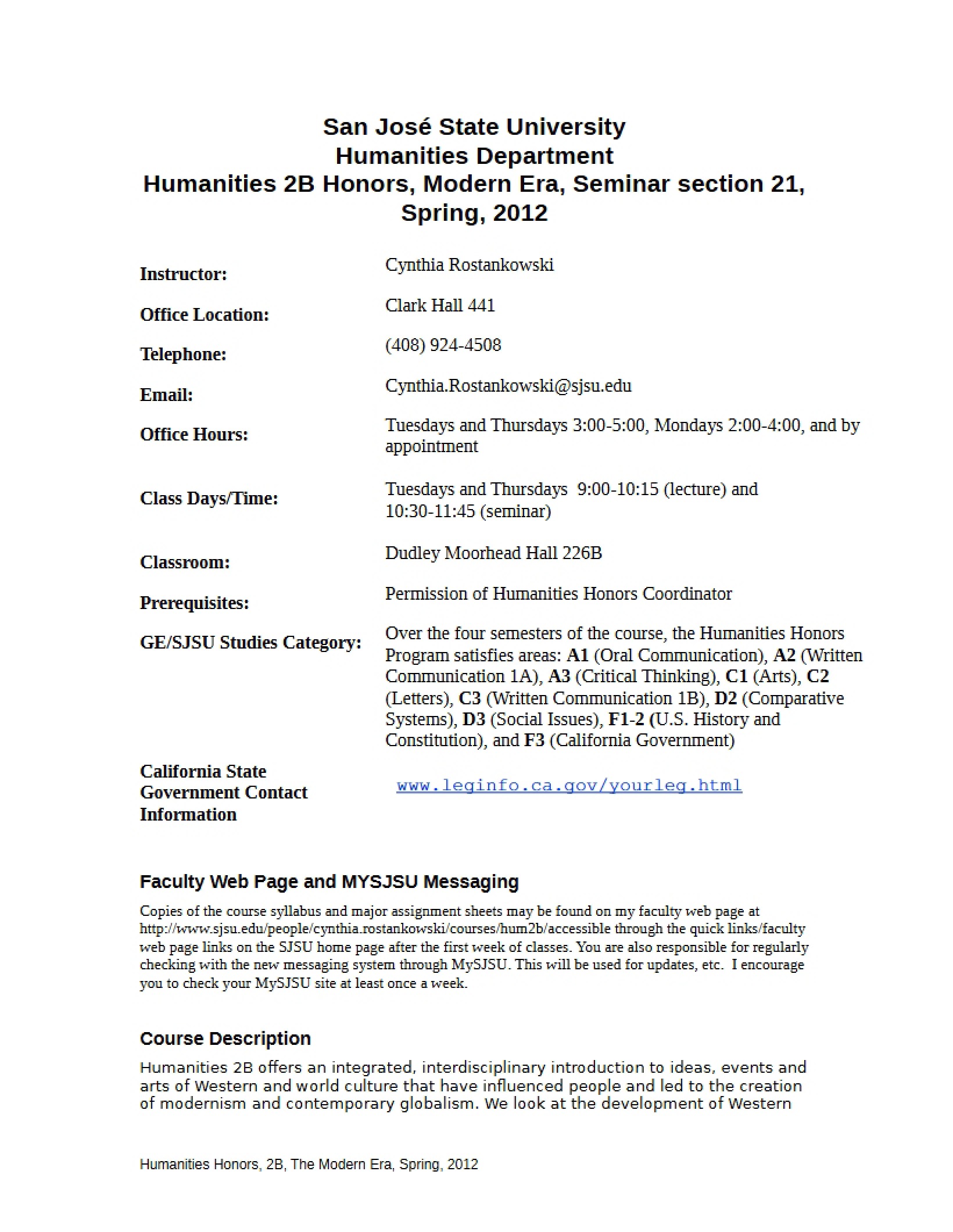 Syllabus for HUM 2B