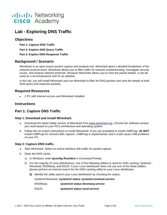 Lab Exploring DNS Traffic Worksheet