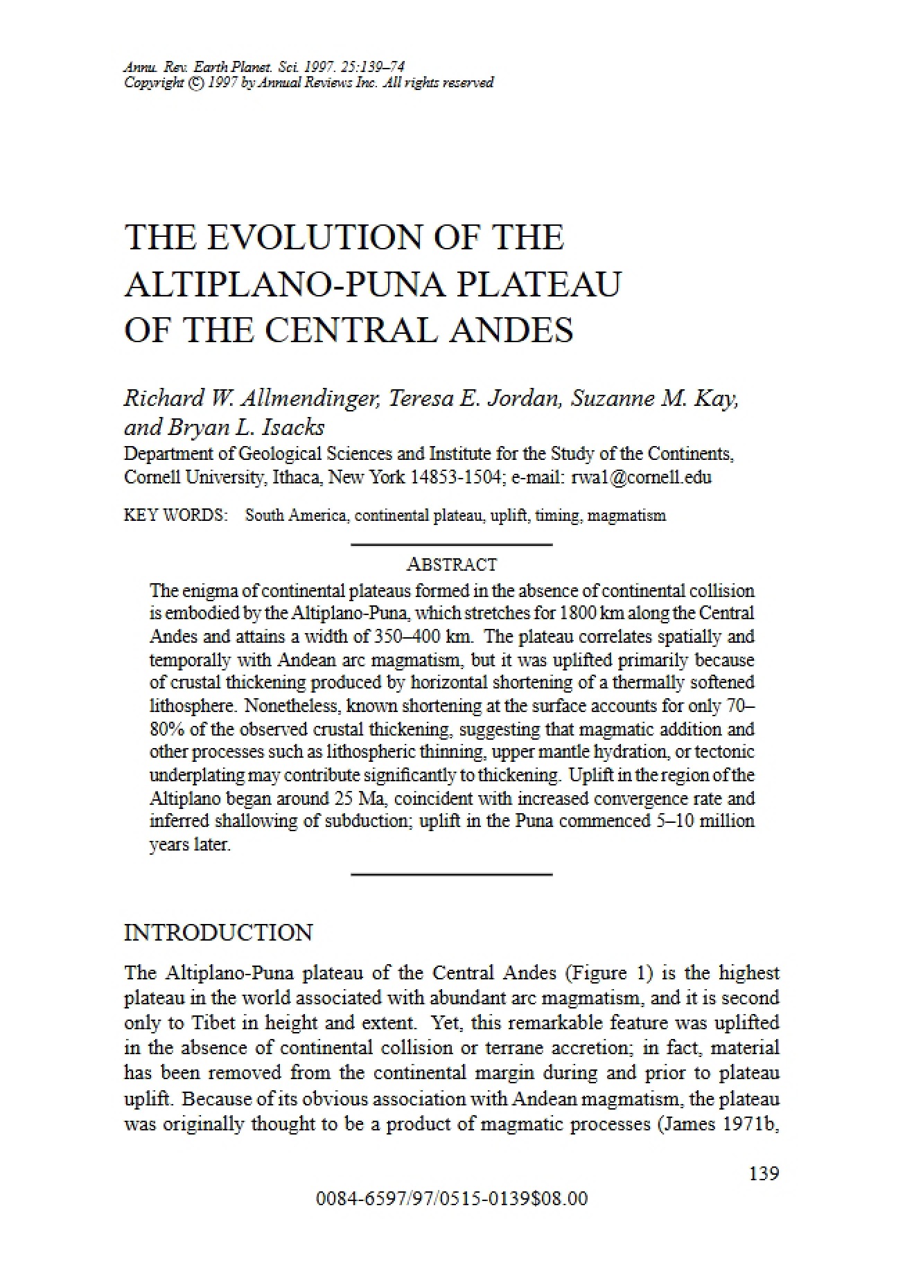 Evolution of the Altiplano-Puna Plateau of the Central Andes