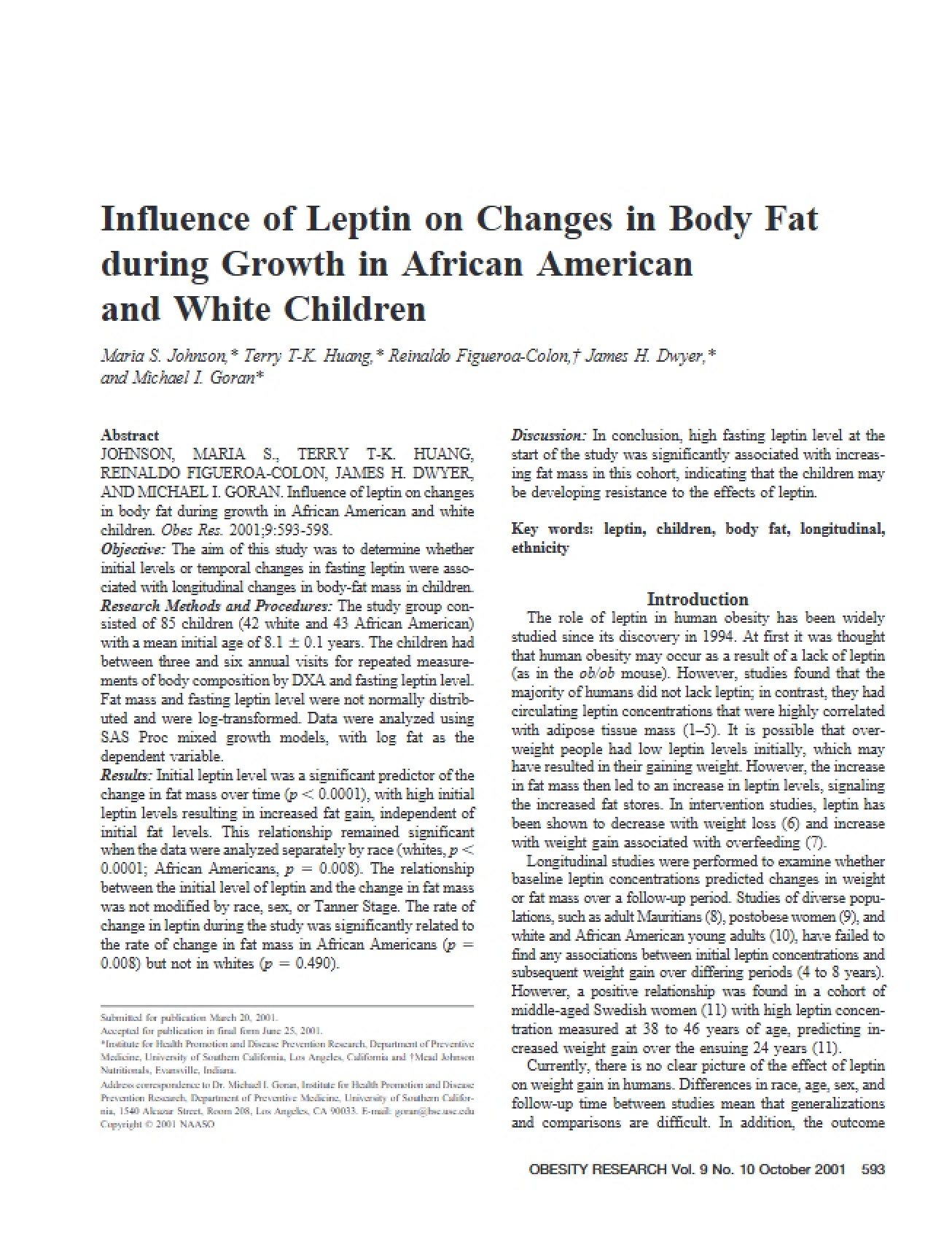Impact of Leptin on Body Fat Changes in Children During Growth