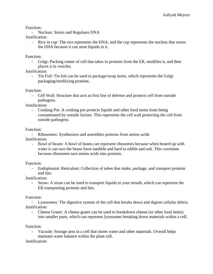 Analogies for Cell Structures and Functions