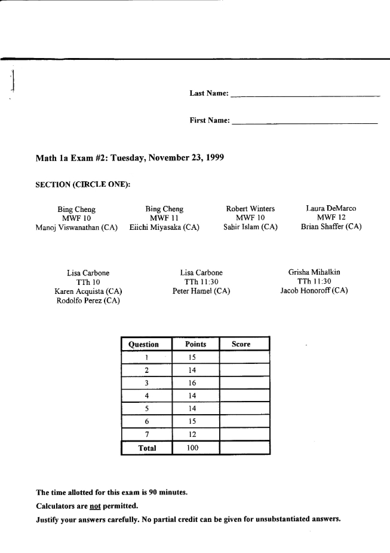 Calculus Second Examination