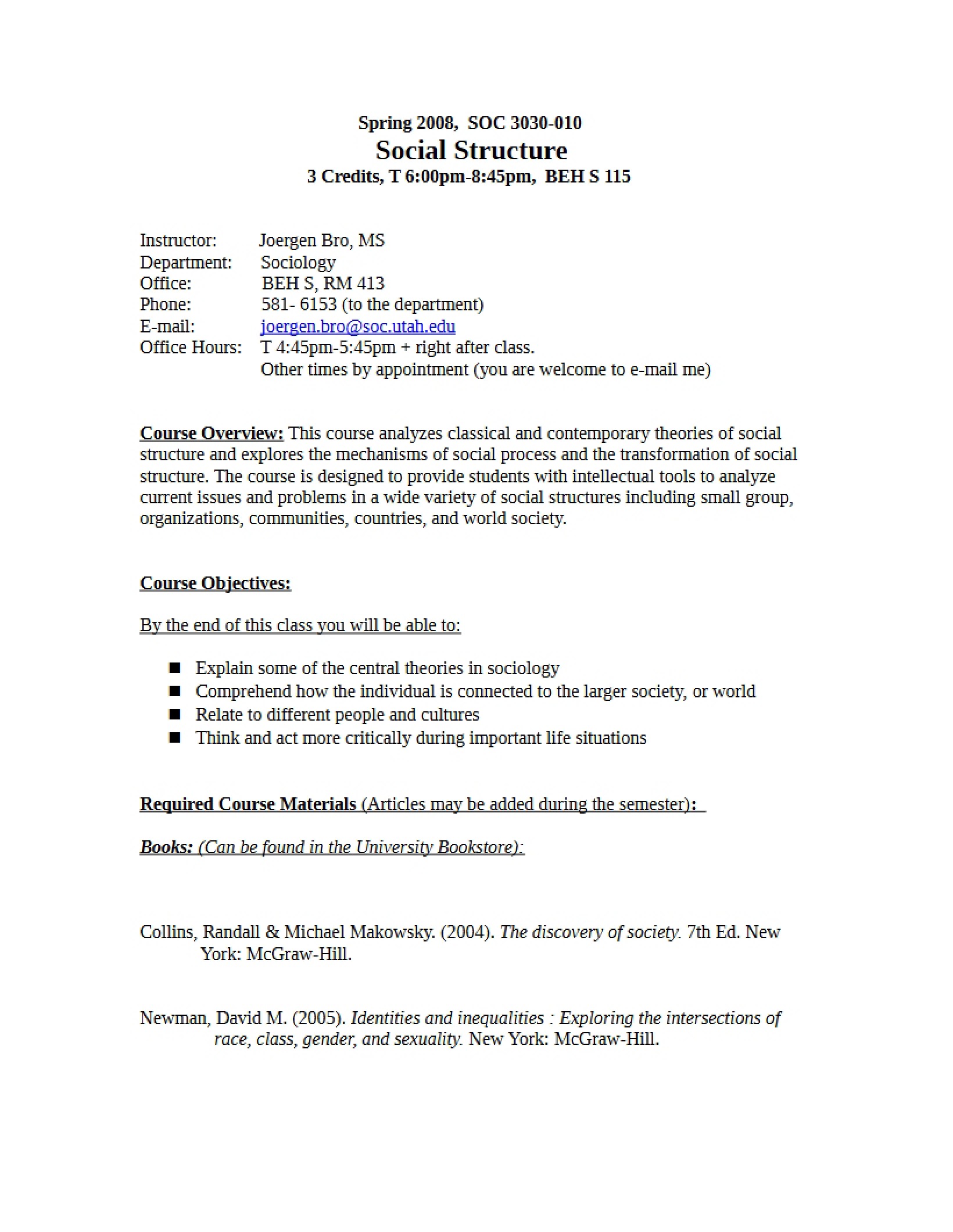 Course Outline for Social Structure and Change